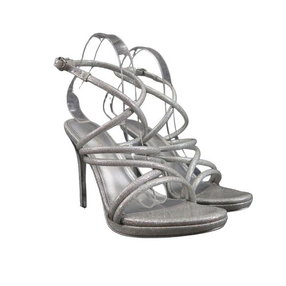 Nine West Shoes Womens 8 Heeled Sandal Ankle Strap Pumps Platform Silver Glitter - Picture 1 of 15